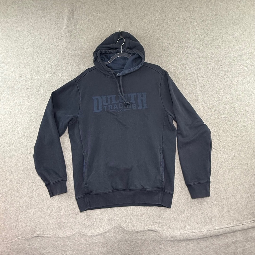 Duluth Trading Co Hoodie Mens M Navy Blue Graphic Logo Pullover Sweatshirt